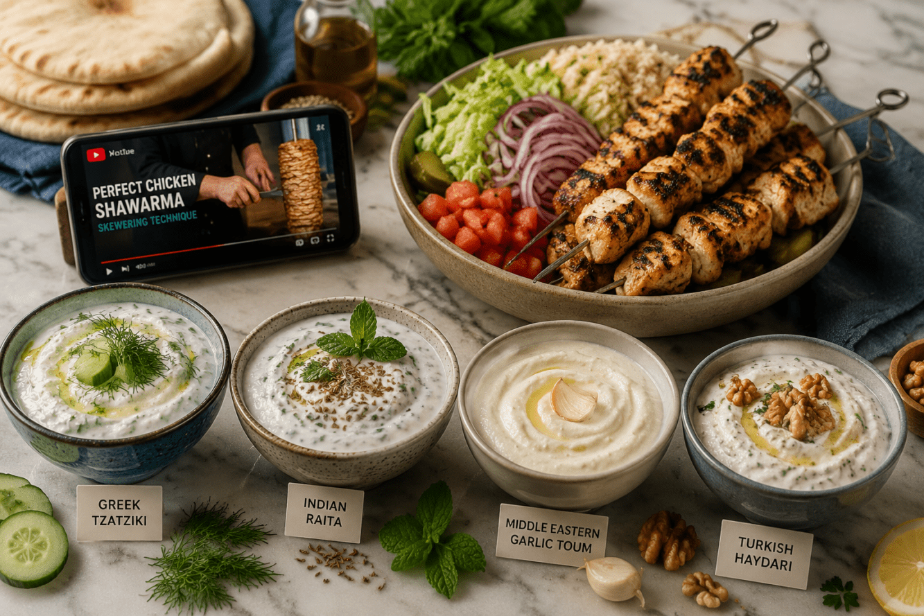 Detailed () editorial food photography image showing a side-by-side comparison of four distinct global yogurt sauce