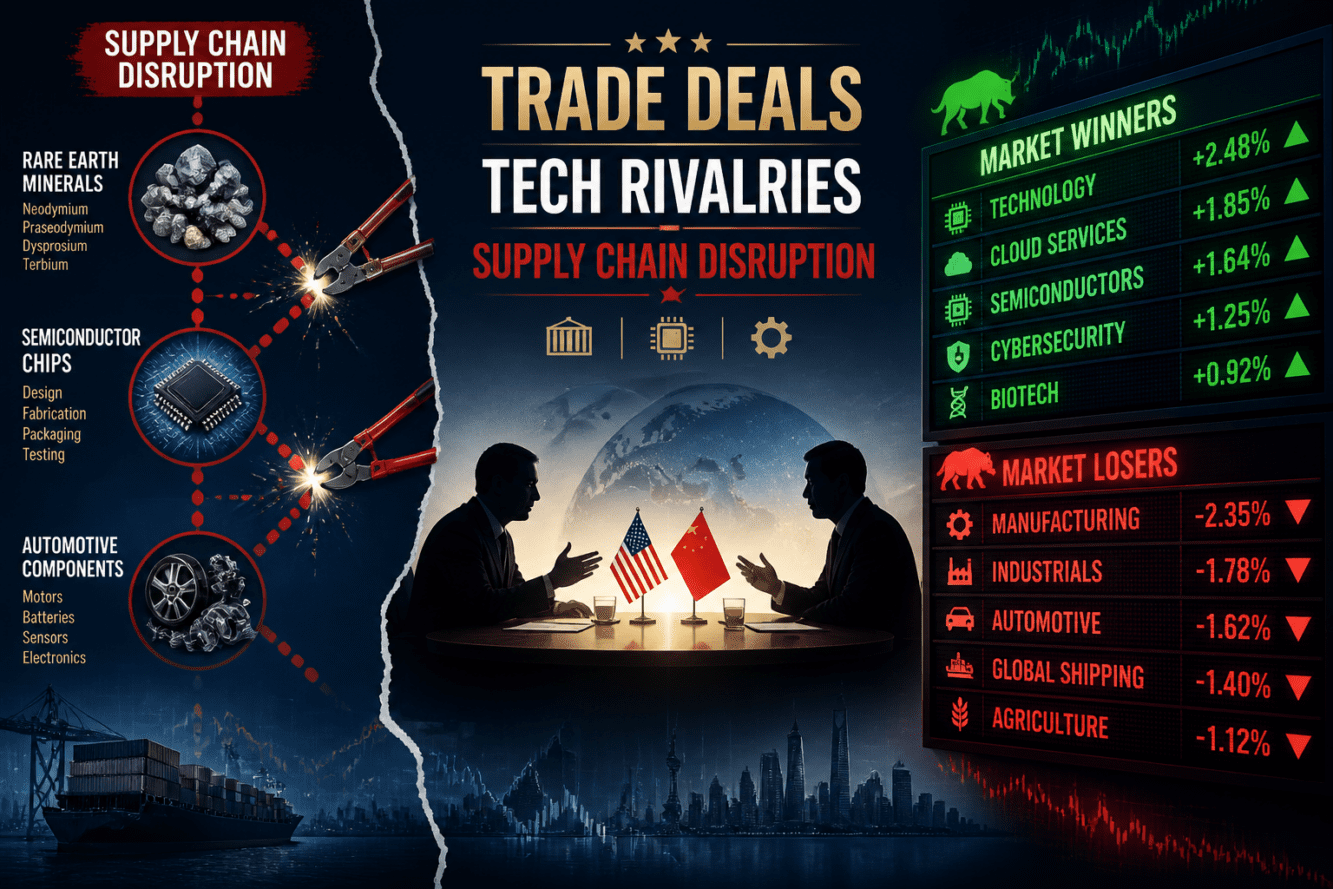 Detailed () editorial illustration showing a split composition: on the left, a supply chain diagram with rare earth