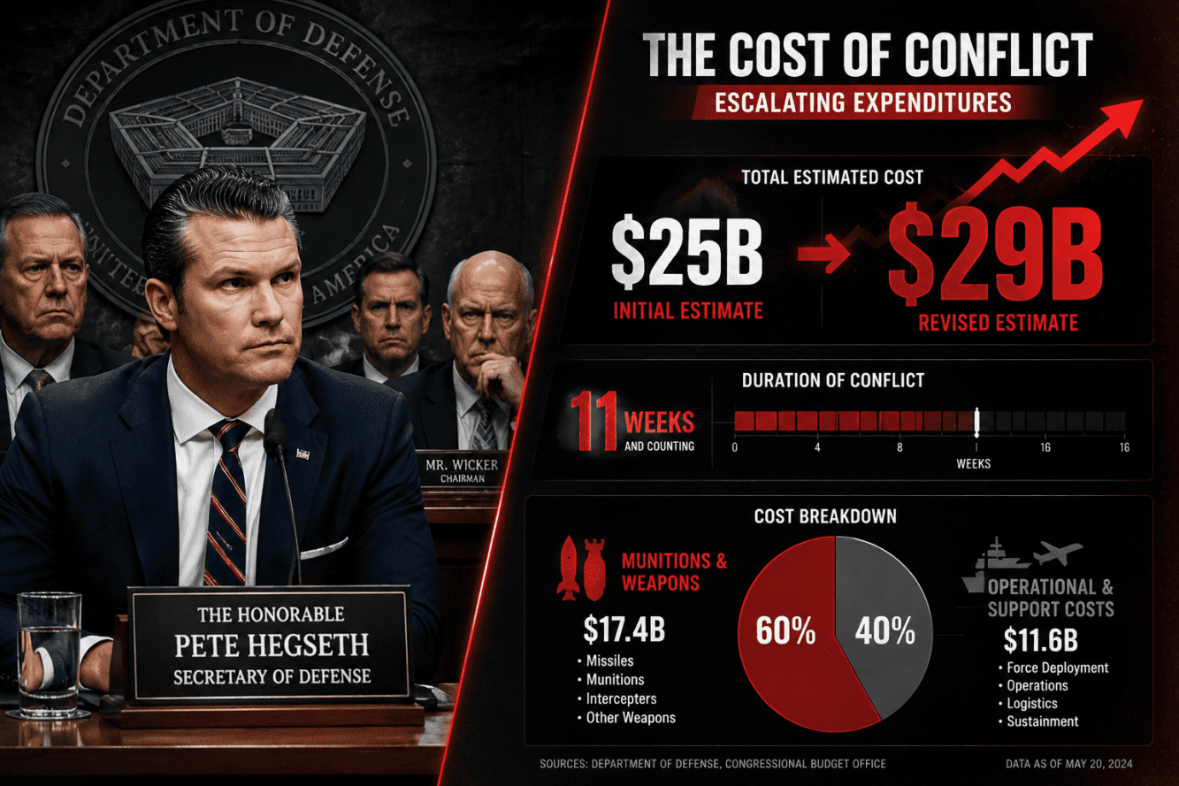 Detailed () editorial infographic illustration showing a split-scene composition: on the left, Defense Secretary Pete