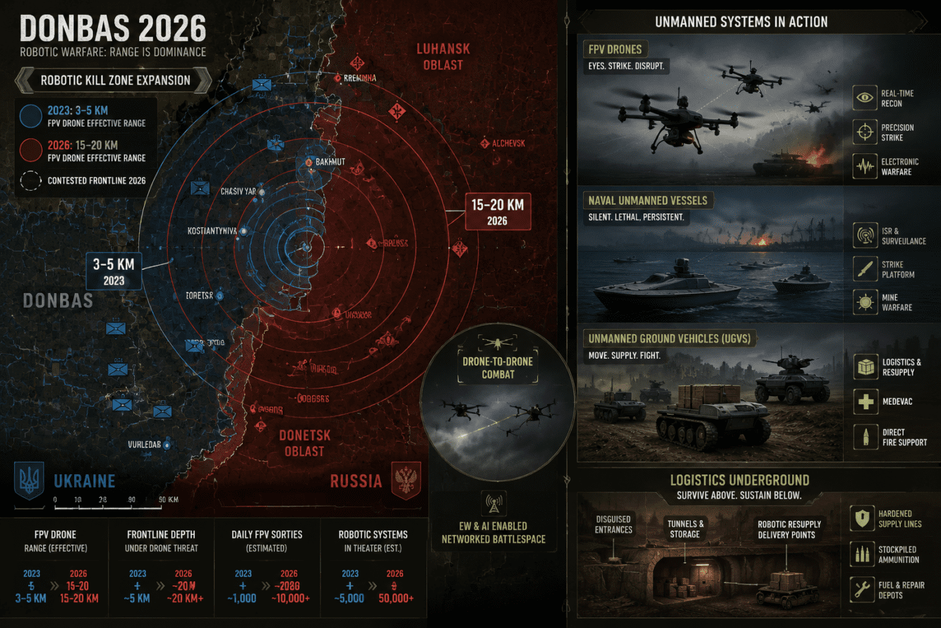 Detailed () editorial infographic illustration showing a split-screen battlefield map: left side depicts expanding drone