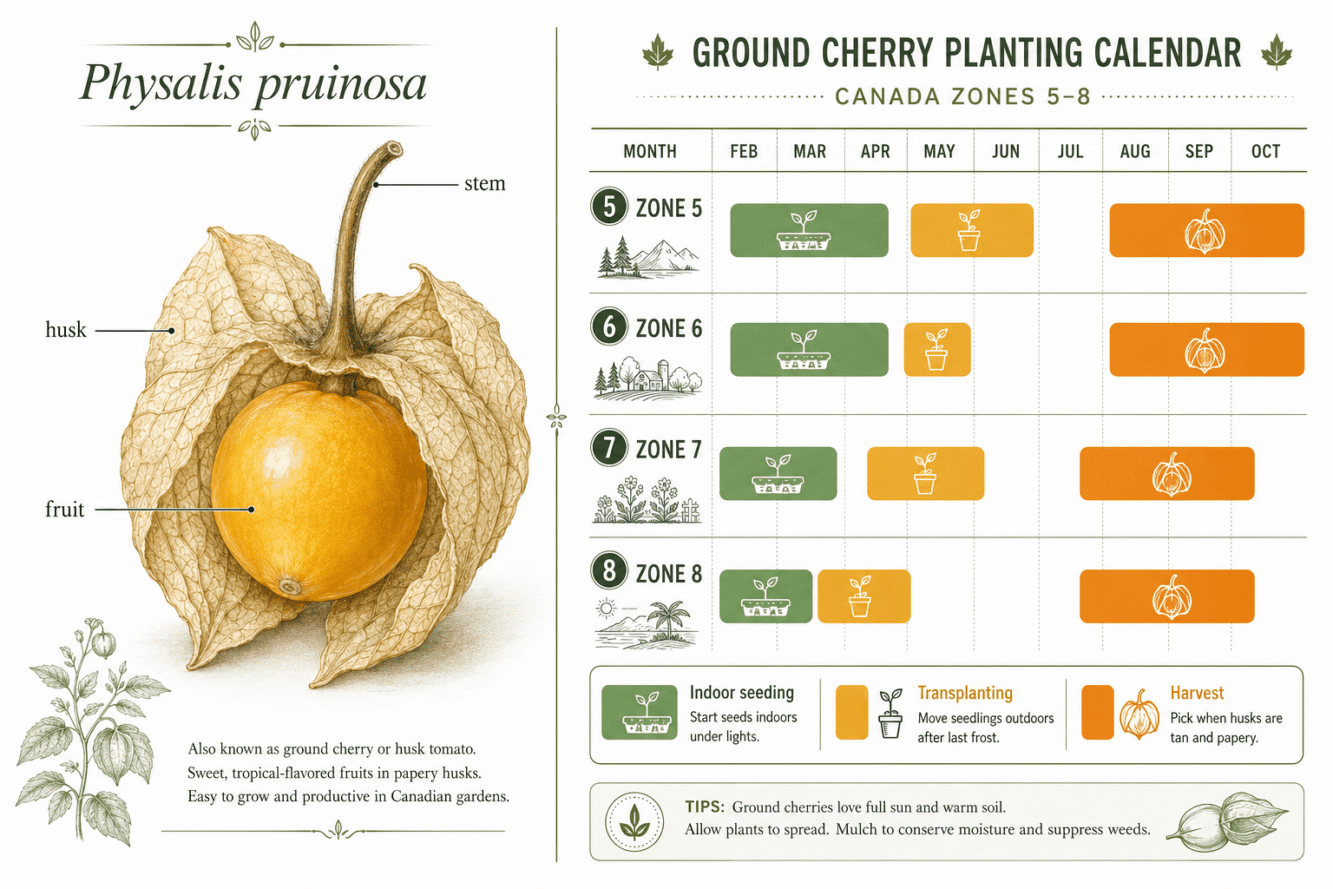 Detailed () editorial infographic showing a split-scene: left side displays a close-up cross-section of a ground cherry