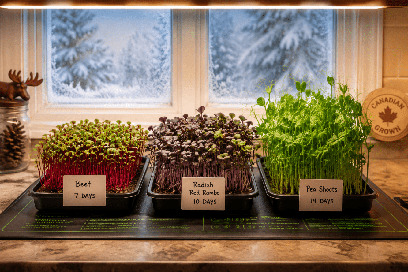 Detailed () editorial photo showing a step-by-step indoor microgreen growing setup on a Canadian kitchen windowsill in