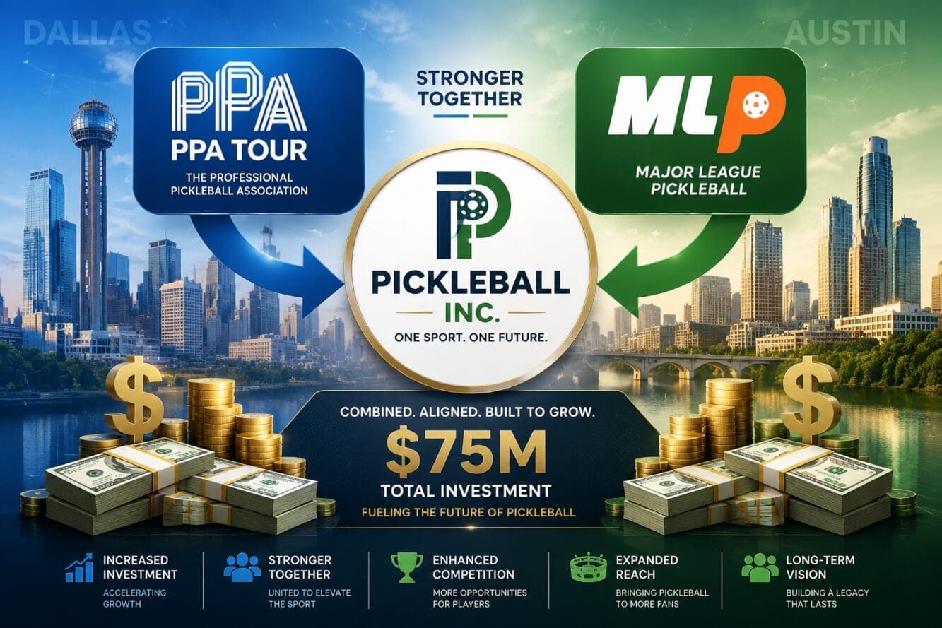 Detailed () illustration showing organizational merger diagram with two distinct brand logos (PPA Tour and MLP) converging