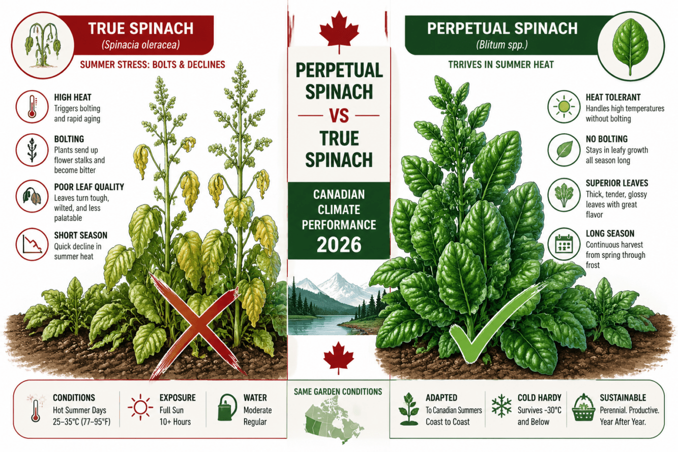 Detailed () infographic-style image showing a split-scene comparison: left side displays wilted, bolted true spinach plants