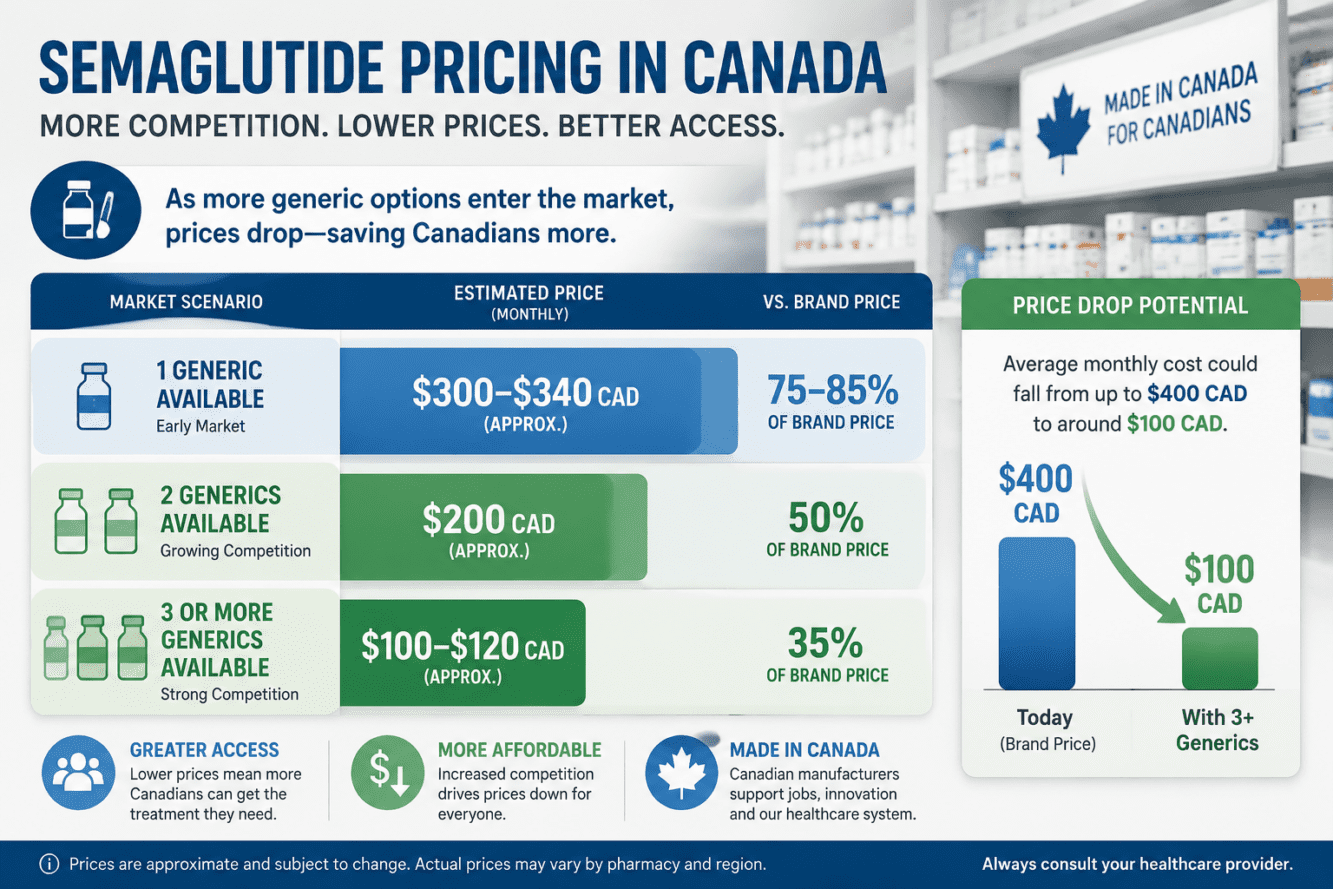 Detailed () infographic-style image showing a tiered pricing comparison table for generic semaglutide in Canada. Visual