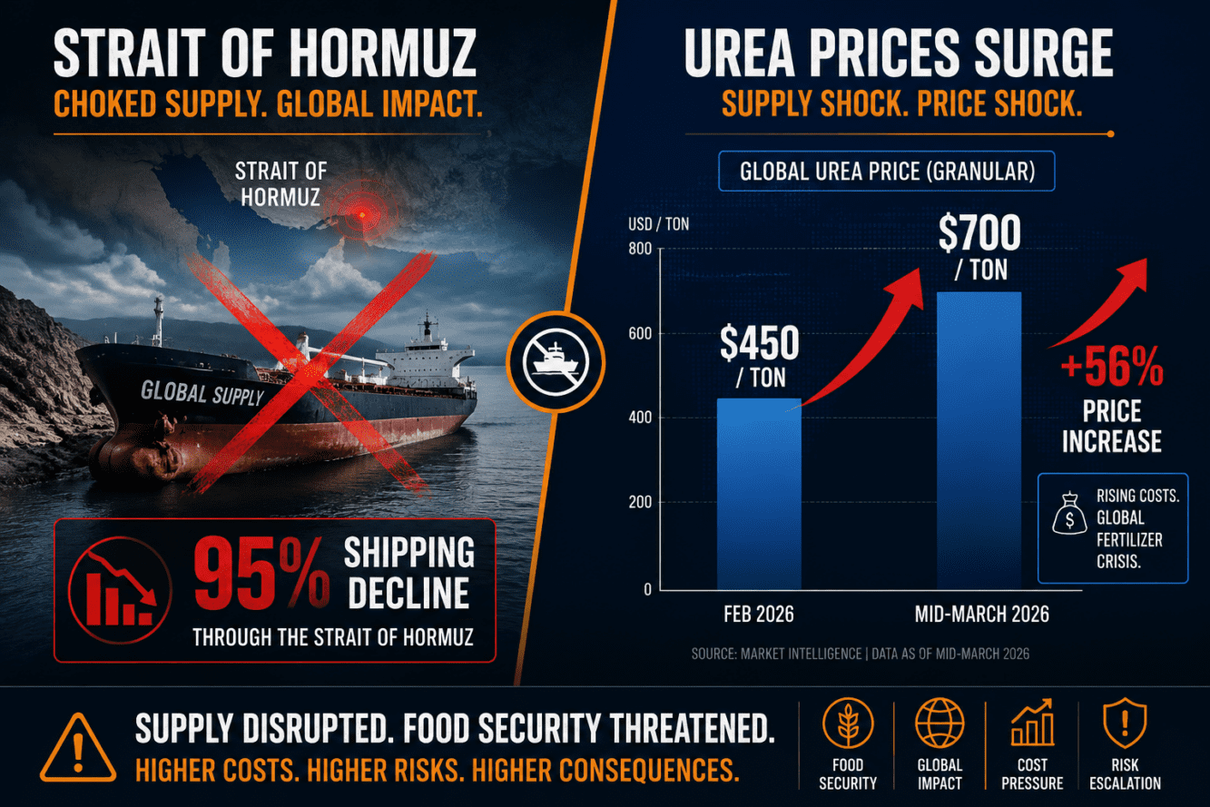 Dramatic split-screen infographic landscape (): left side shows a tanker ship stranded in the Strait of Hormuz with red X