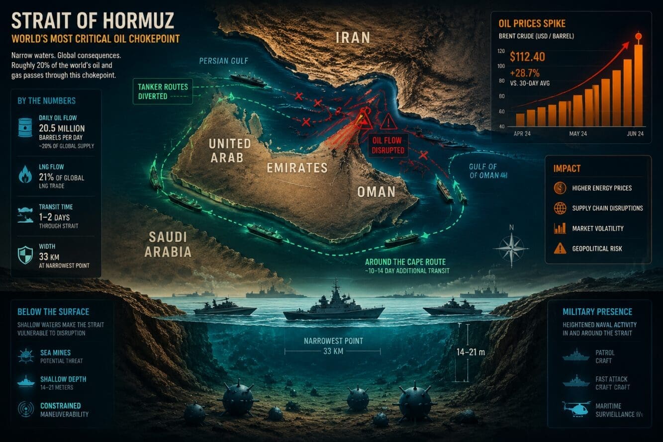 Dramatic wide-angle infographic-style illustration showing a cross-section map of the Strait of Hormuz with overlaid data