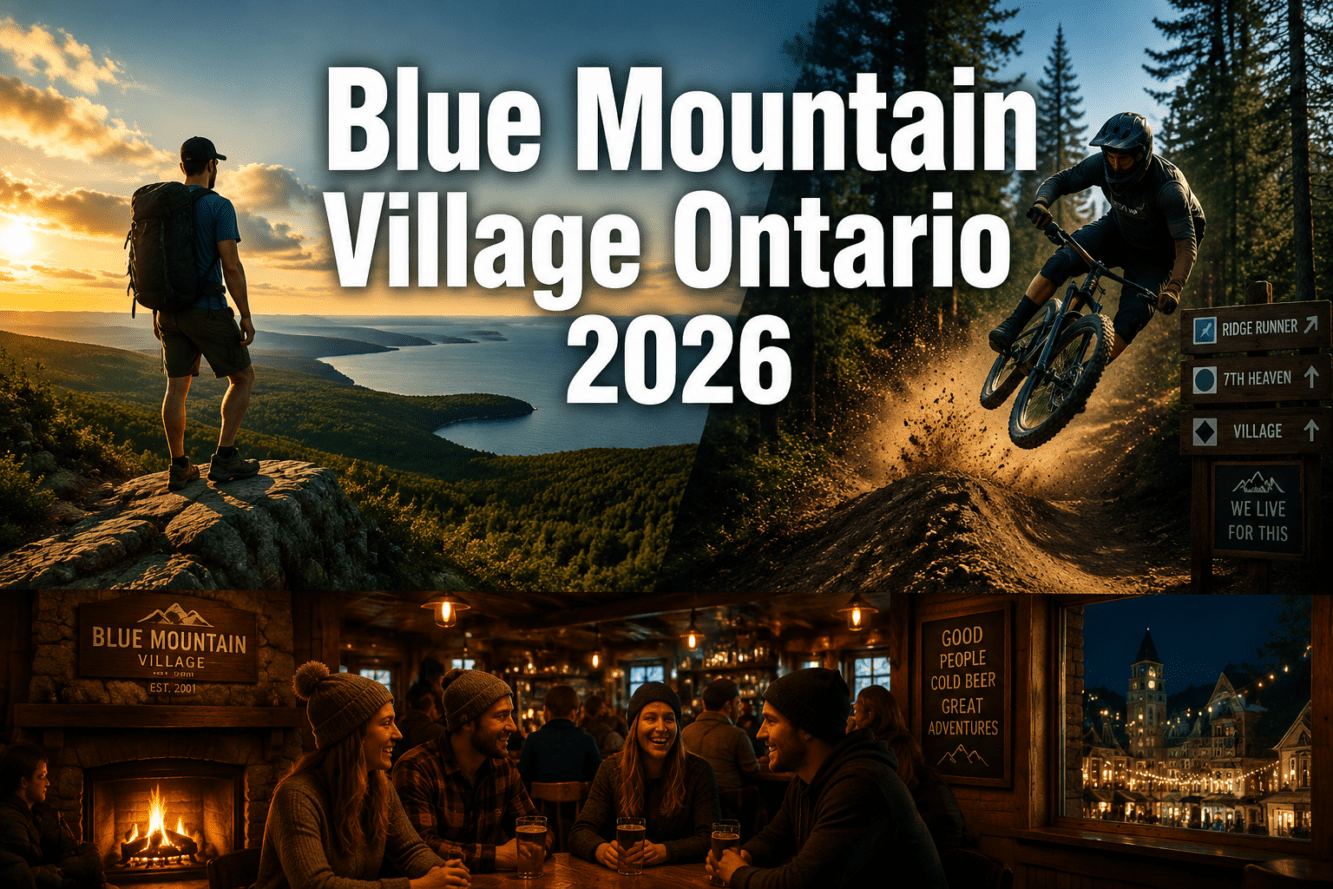 Professional () hero image with : 'Blue Mountain Village Ontario 2026' in extra large white with dark drop , centered