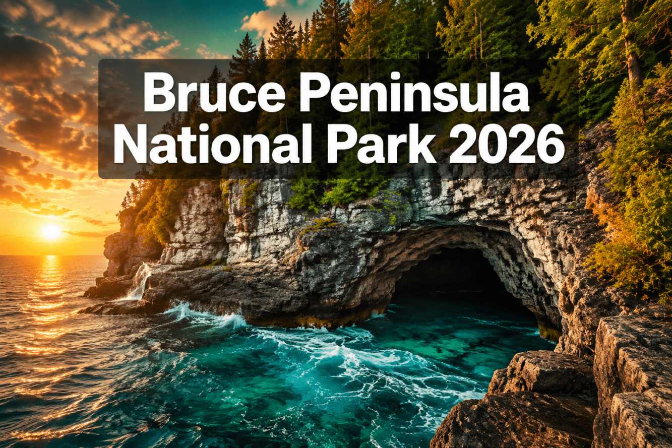 Professional () hero image with : 'Bruce Peninsula National Park 2026' in extra large white with dark semi-transparent box,