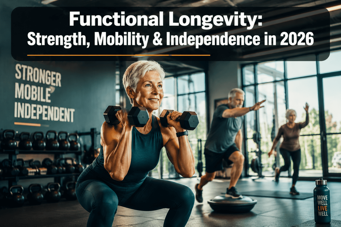 Professional () hero image with : 'Functional Longevity: Strength, Mobility & Independence in 2026' in extra large white