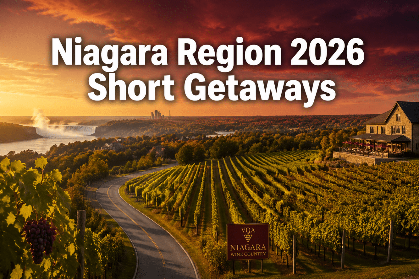 Professional () hero image with : 'Niagara Region 2026 Short Getaways' in extra large white with deep effect, centered