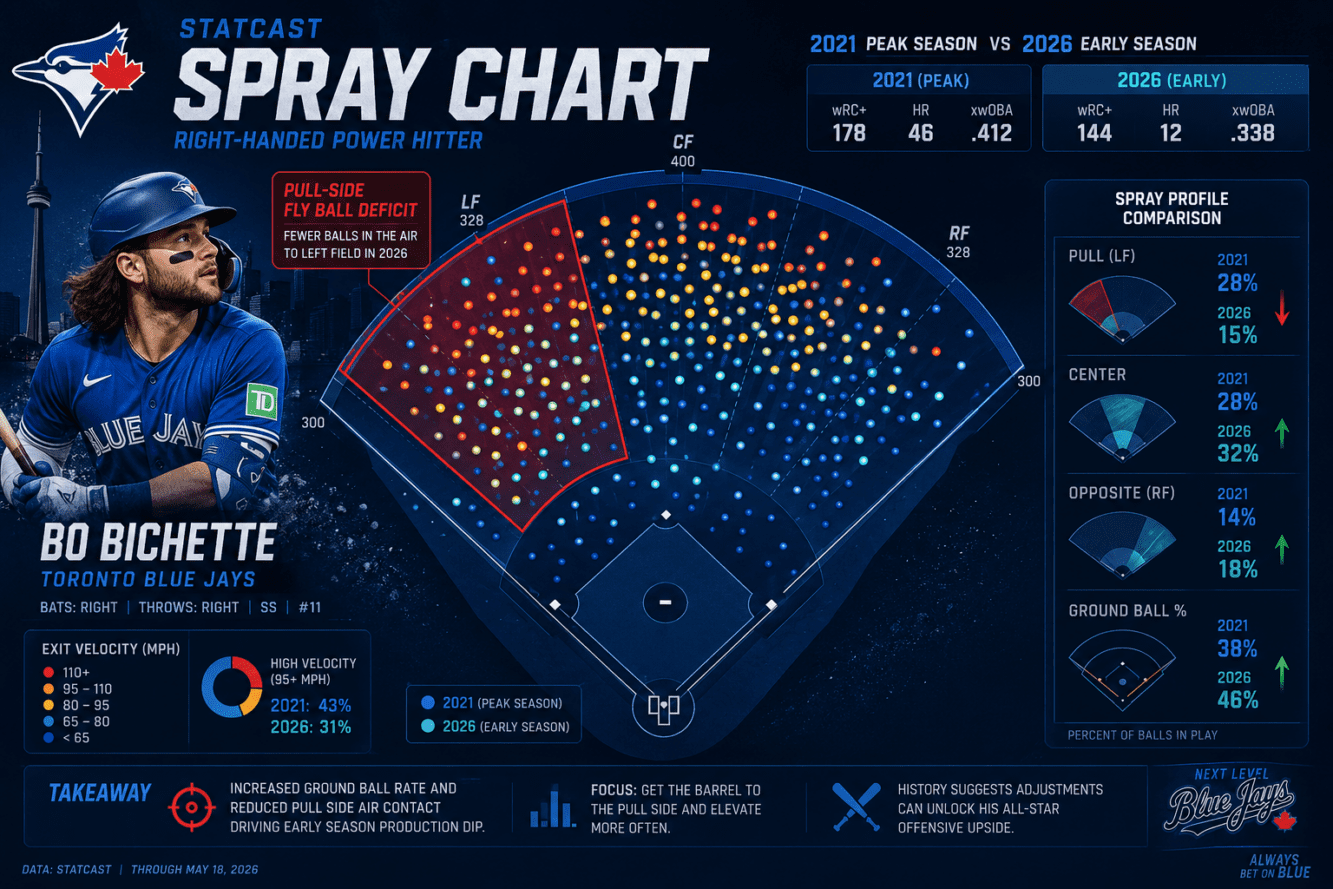 Wide-angle infographic illustration showing a Statcast batted-ball spray chart for a right-handed power hitter, with