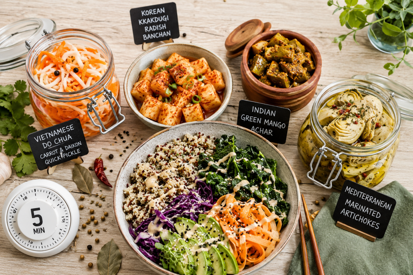Wide-angle overhead editorial food photography () showing a vibrant meal prep spread: four distinct international