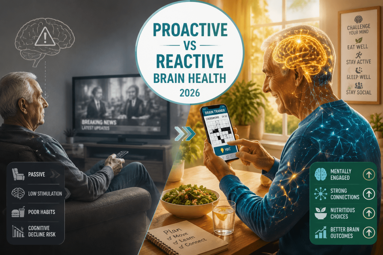 Wide () editorial illustration showing a split-scene comparison: left side depicts a senior man passively watching TV with