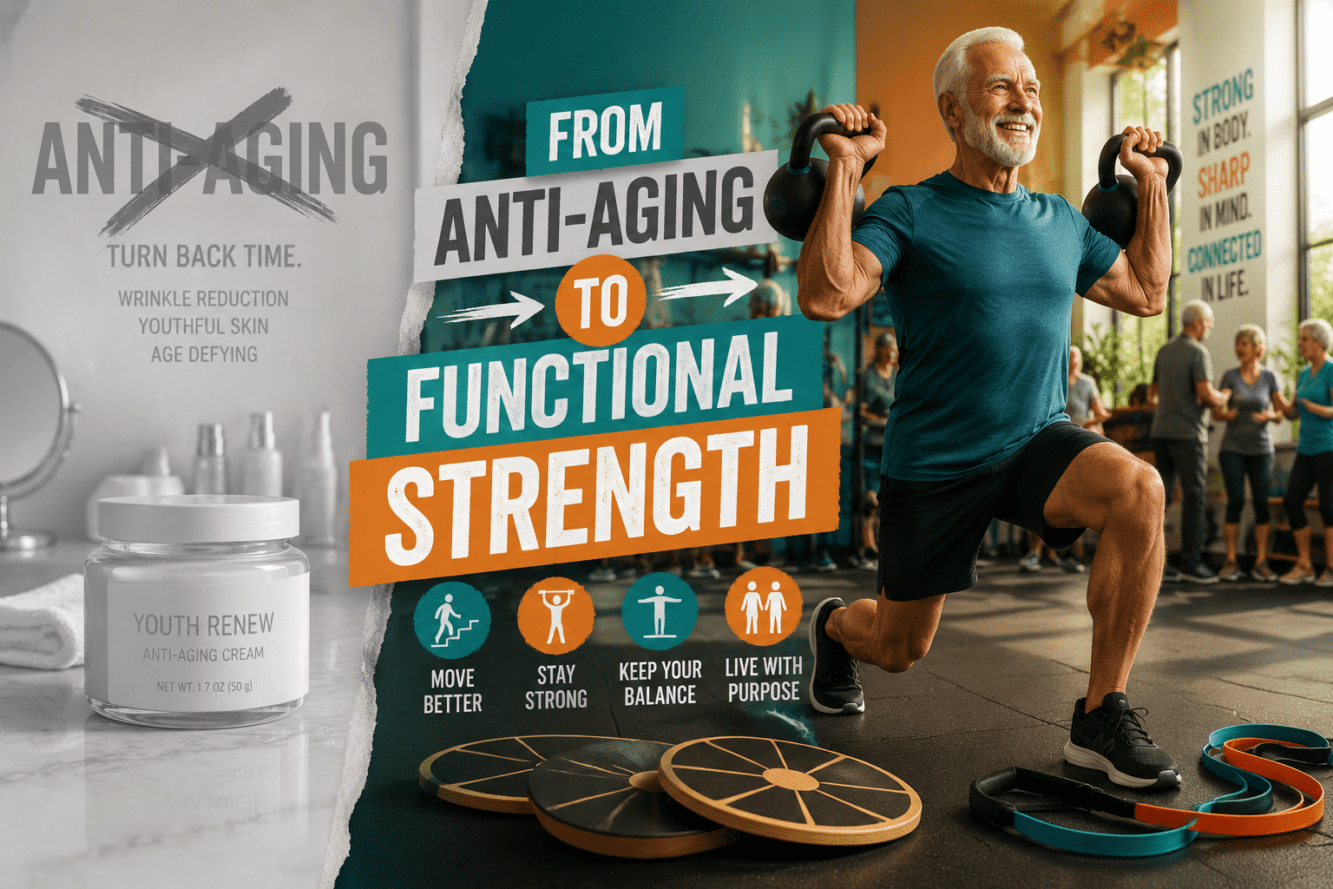 Wide () editorial illustration showing a split-scene comparison: left side shows a faded, greyed-out anti-aging cream