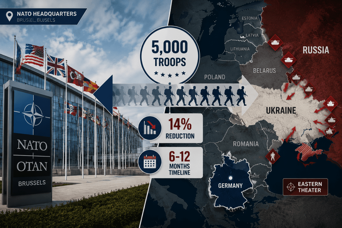 Wide () editorial illustration showing a split-scene composition: left side depicts a NATO headquarters building in Brussels