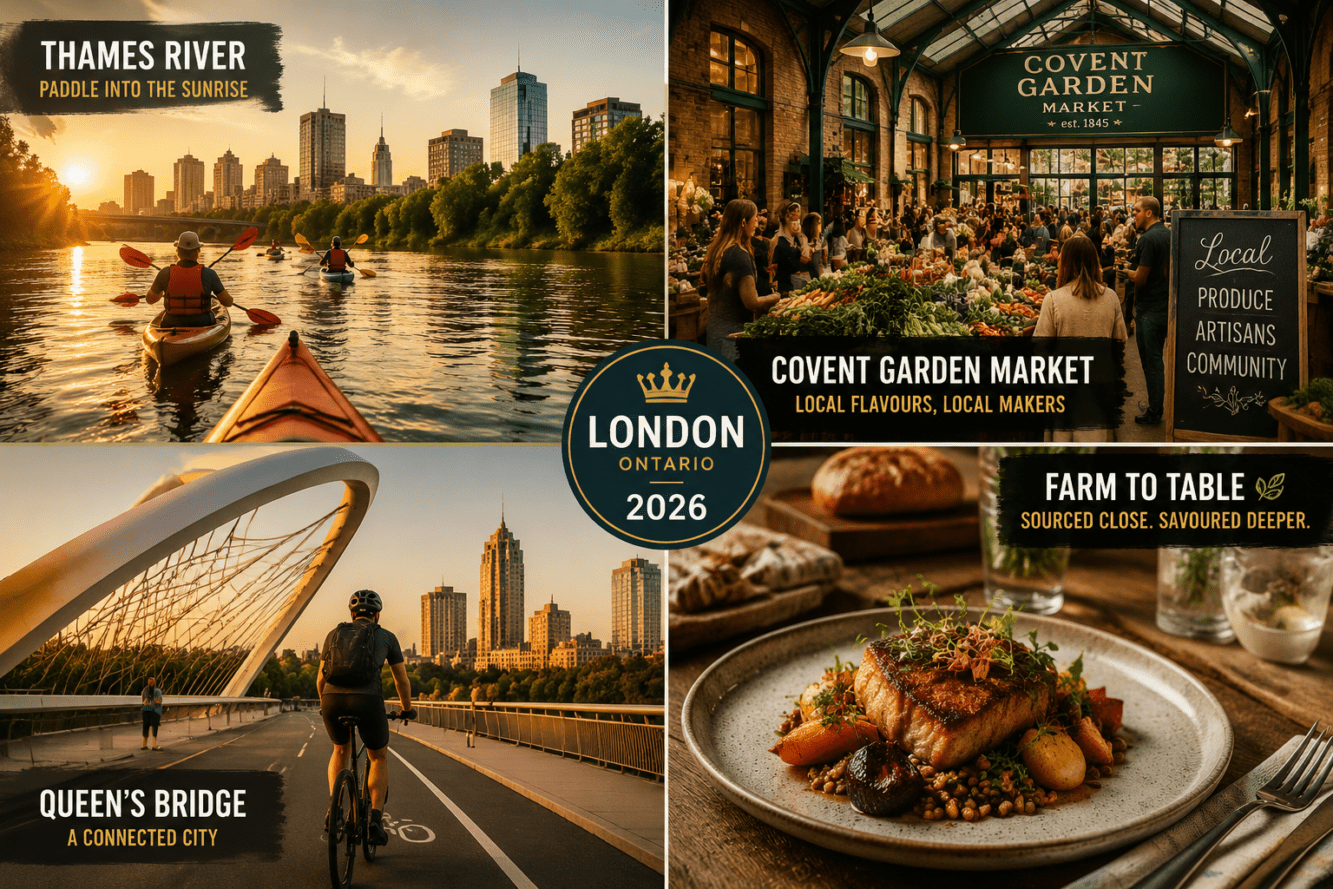 () editorial collage image showing four distinct London Ontario 2026 urban escape scenes arranged in a clean grid: top-left