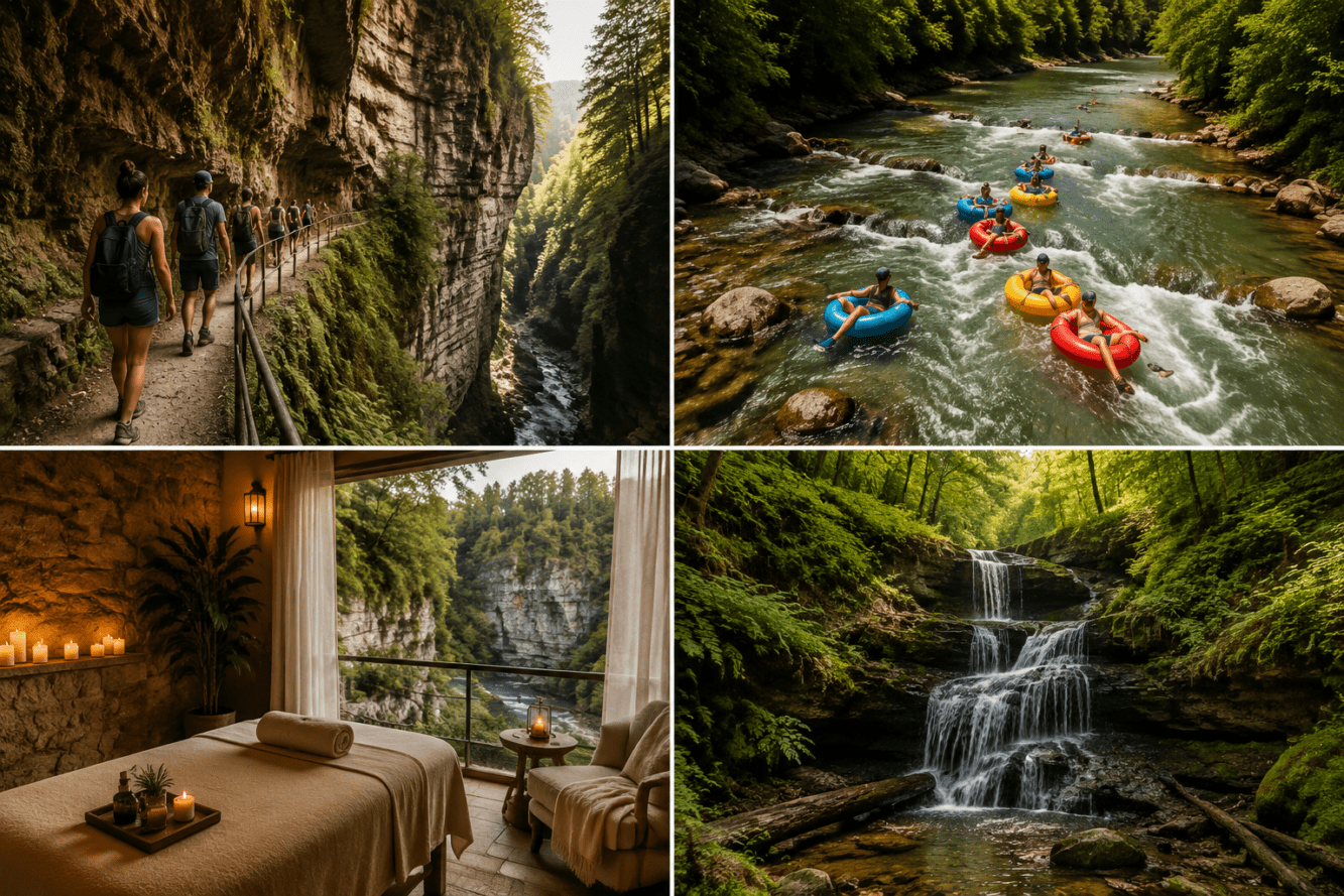 () editorial collage showing four distinct Elora Ontario adventure scenes: top-left shows hikers on narrow gorge trail with