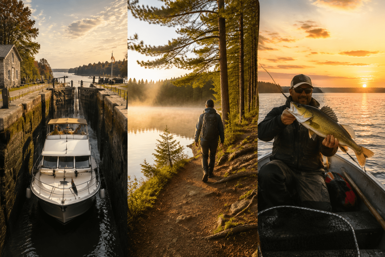 () editorial composite image showing three distinct Kawartha Lakes experiences side by side: left panel features a historic