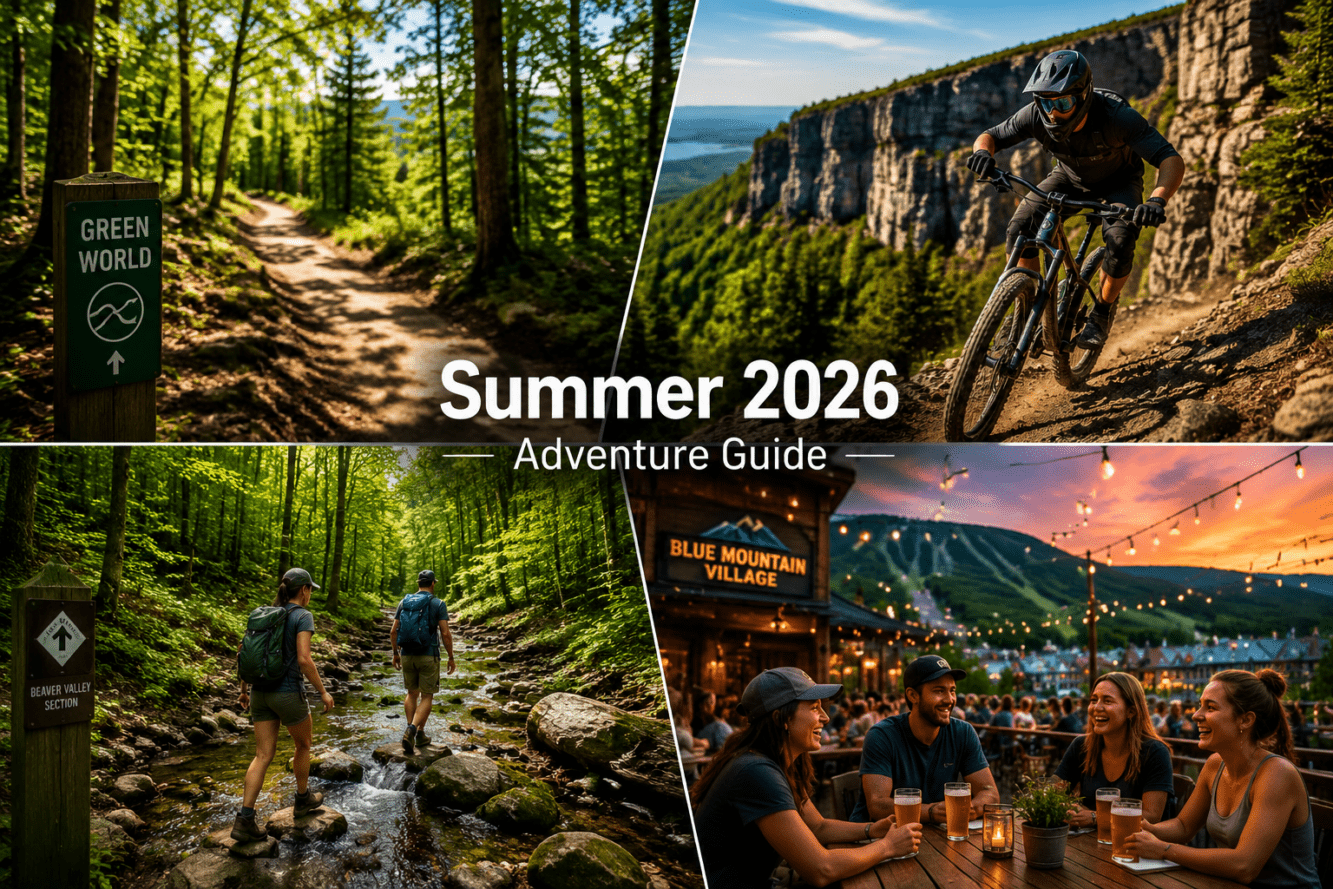 () editorial composite showing four distinct Blue Mountain Village scenes arranged in a dynamic grid: top-left shows the