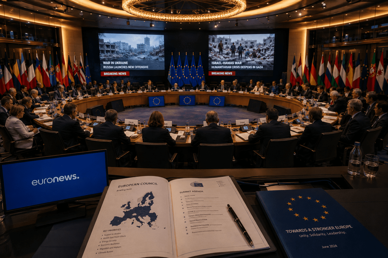 () editorial illustration showing a European diplomatic summit room with flags of EU member states, diplomats in discussion