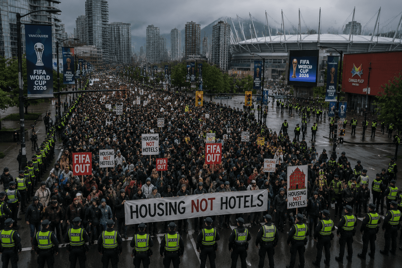 () editorial illustration showing a bird's-eye view of a large protest march in downtown Vancouver, Canada, with
