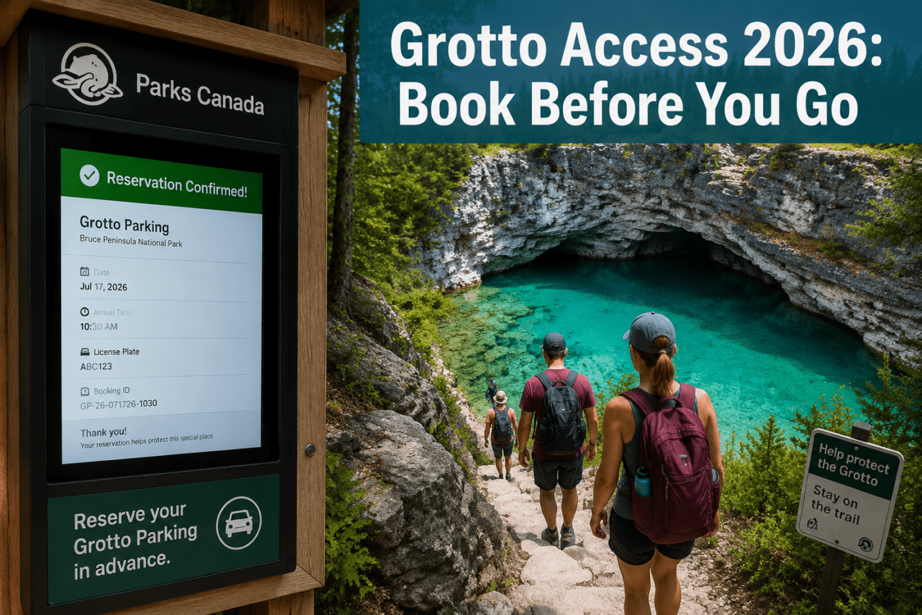 () editorial image showing a split-scene composition: left side features a Parks Canada reservation kiosk with a digital