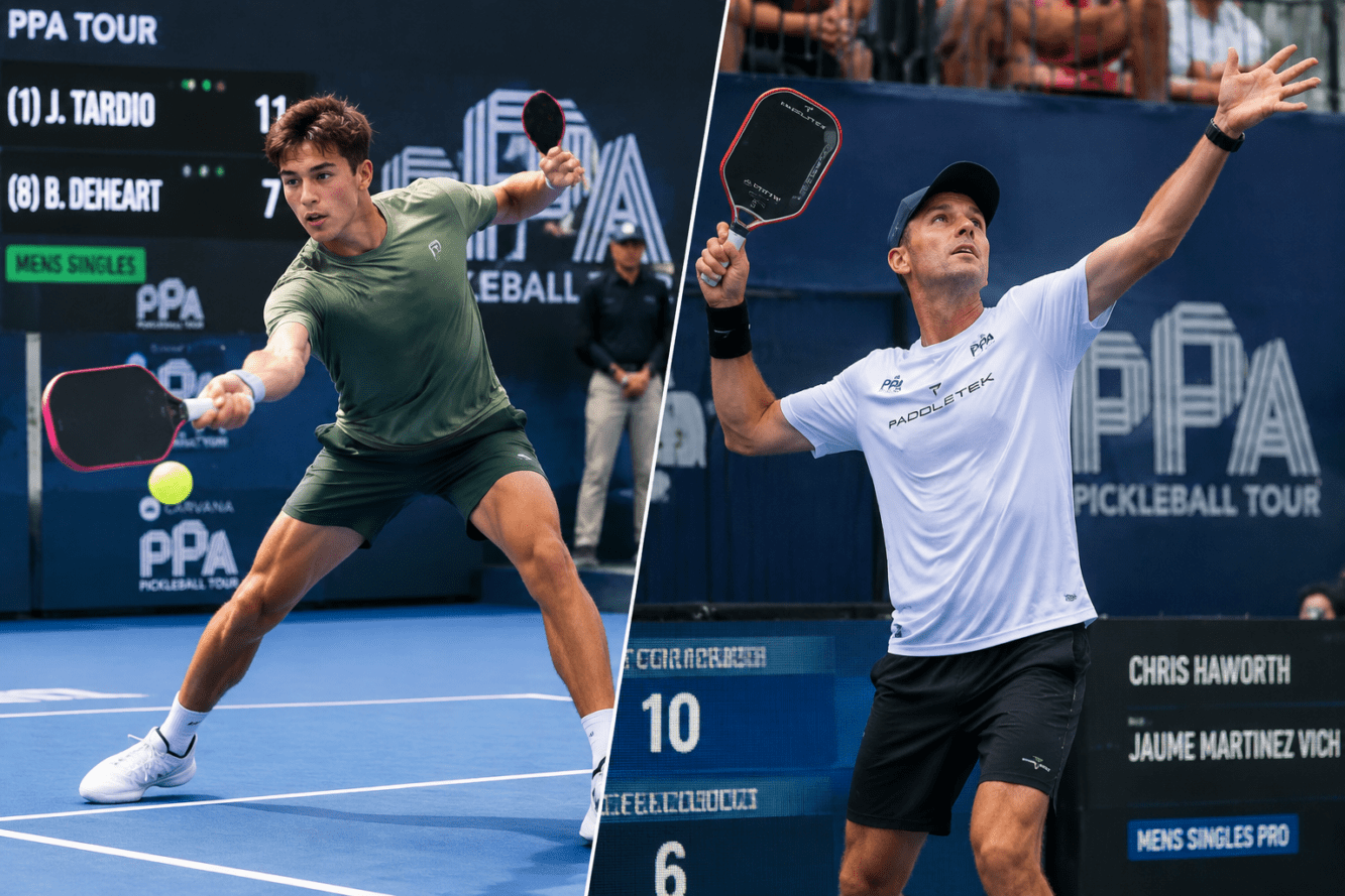 () editorial image showing split-screen comparison of two male pickleball players in action poses on professional courts,