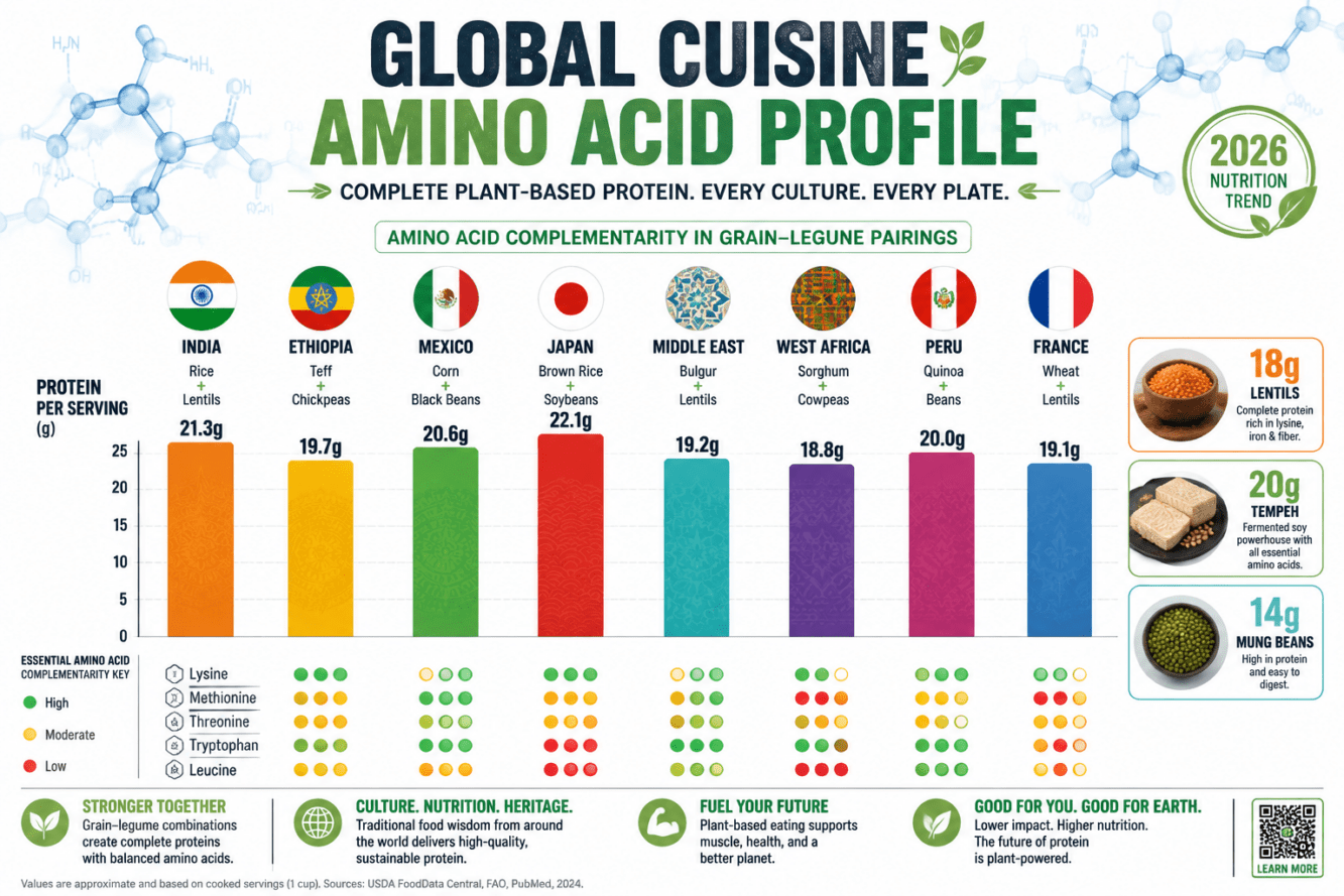 () editorial infographic-style image showing a global cuisine amino acid profile comparison chart. Eight cuisine flags or