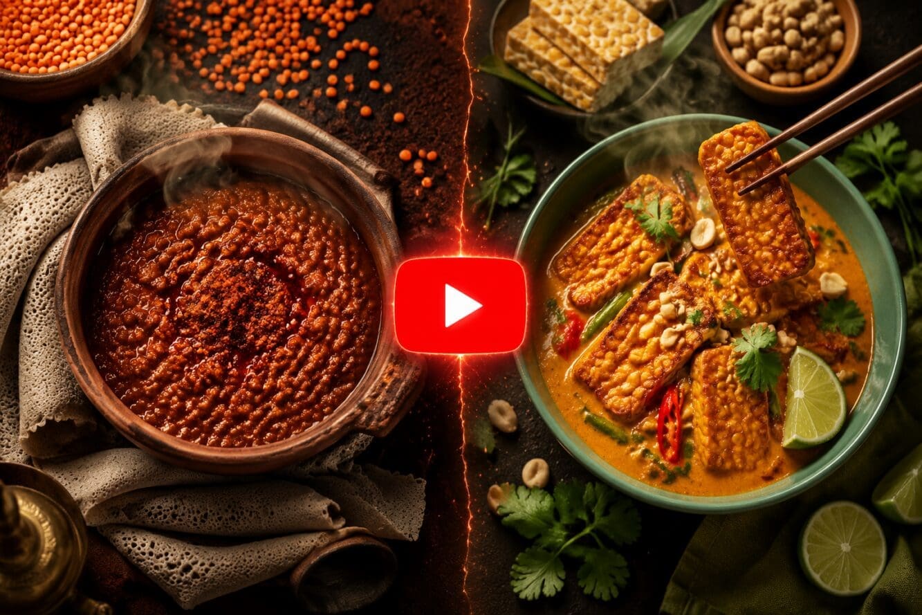 () editorial food photography showing a dramatic overhead split-scene: left side features a rustic Ethiopian lentil stew
