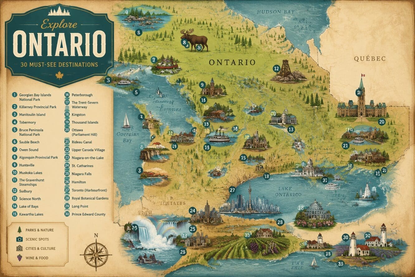Detailed () editorial travel map illustration showing Ontario province with illustrated icons marking 30 must-see