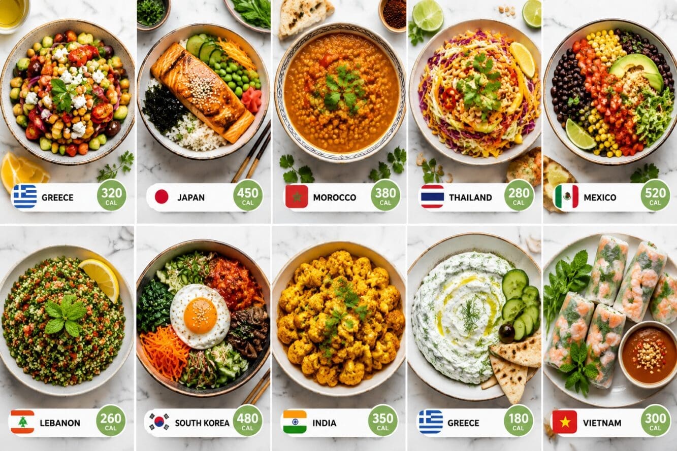 () editorial food photography collage showing ten distinct healthy international dishes arranged in a 2x5 grid layout: a