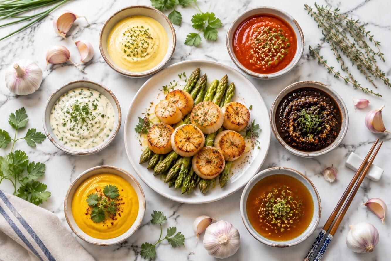 () editorial food photography showing a flat-lay overhead composition of six small ceramic ramekins arranged in a circle,