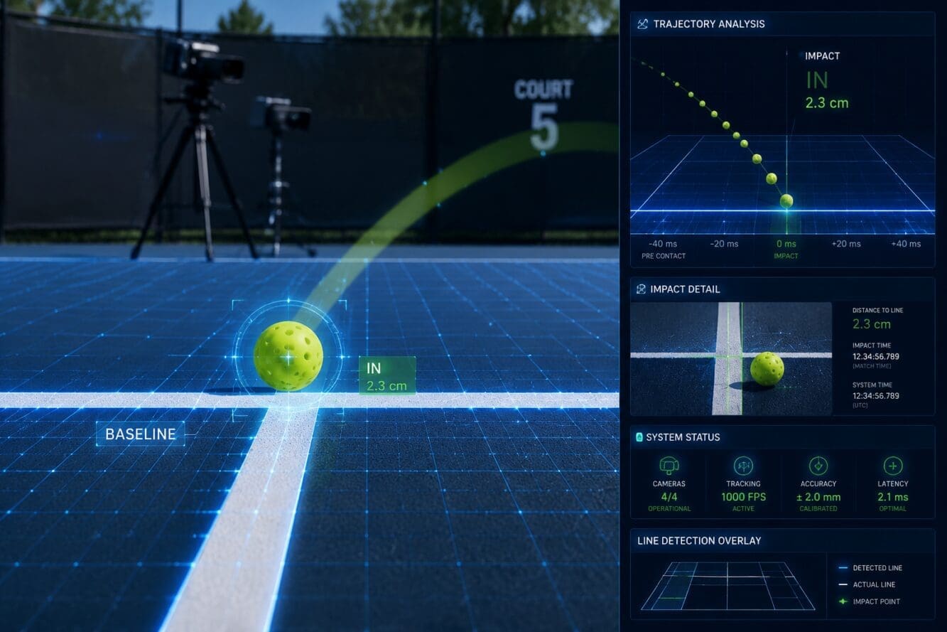 () image showing close-up of pickleball court baseline with digital AI tracking system, glowing blue lines marking court