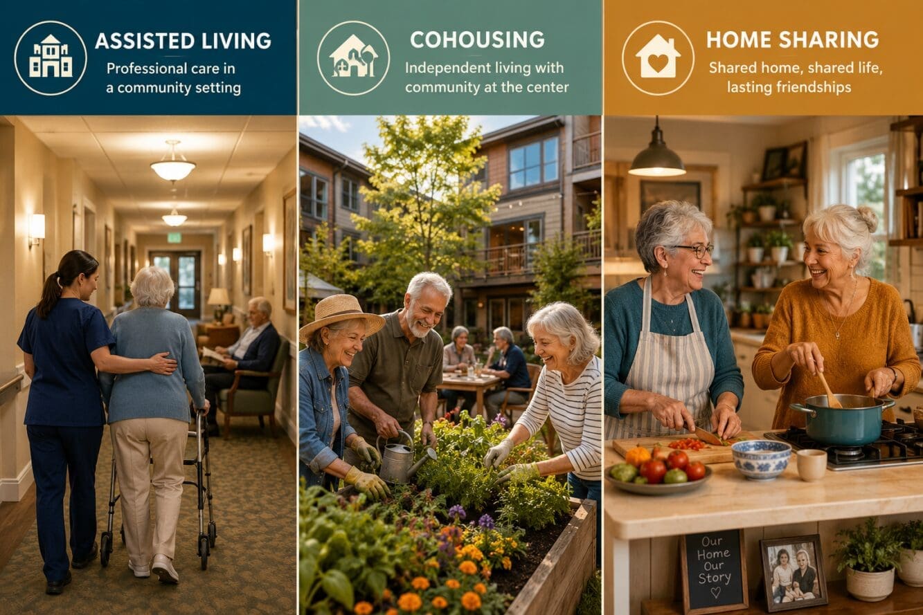 () editorial illustration showing a split-screen comparison of three senior living models side by side: left panel shows a