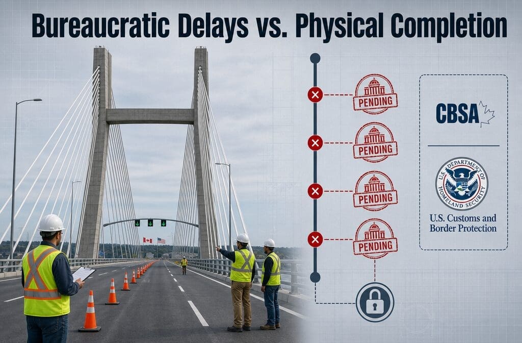 Detailed () editorial infographic showing a split-scene comparison: on the left, a completed cable-stayed bridge structure