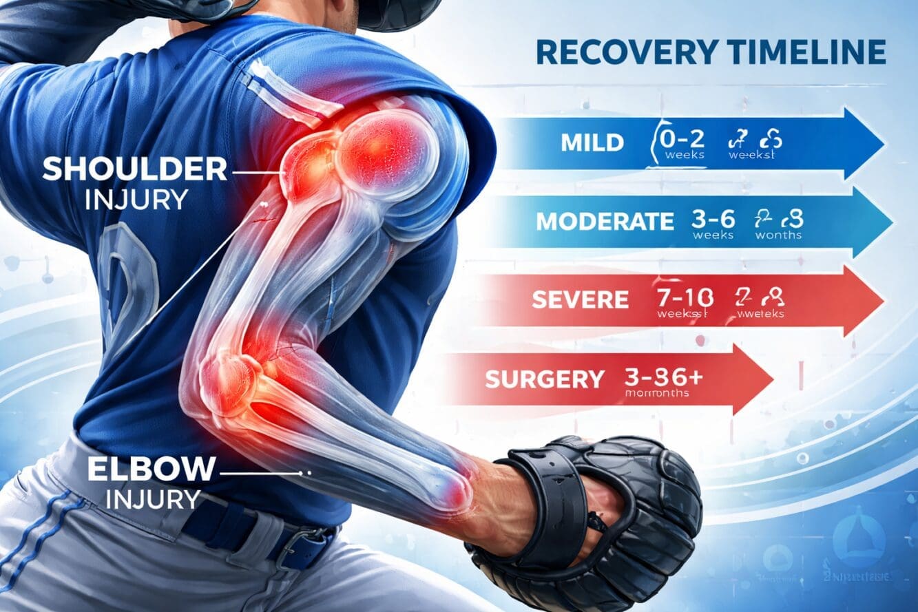 Pitcher arm injury zones and rehab timeline chart